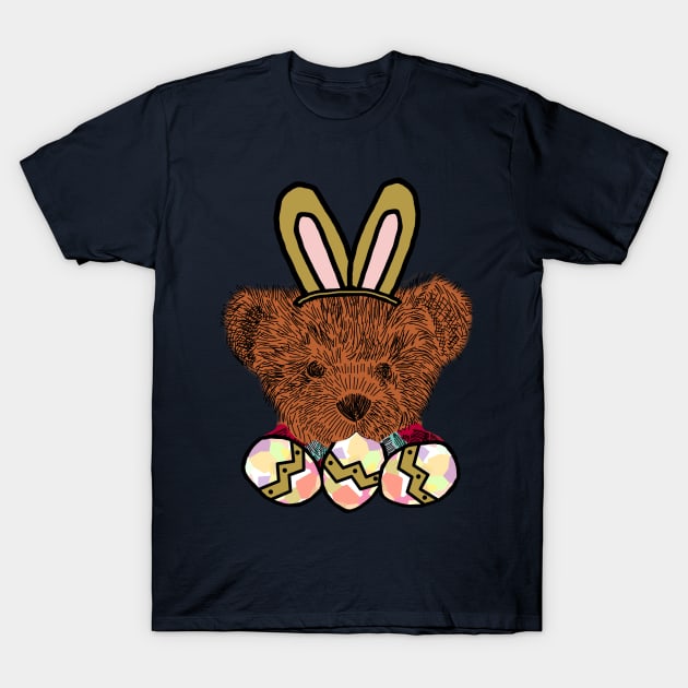 Happy Easter Bunny Ears on Teddy Bear Eating Easter Eggs T-Shirt by ellenhenryart